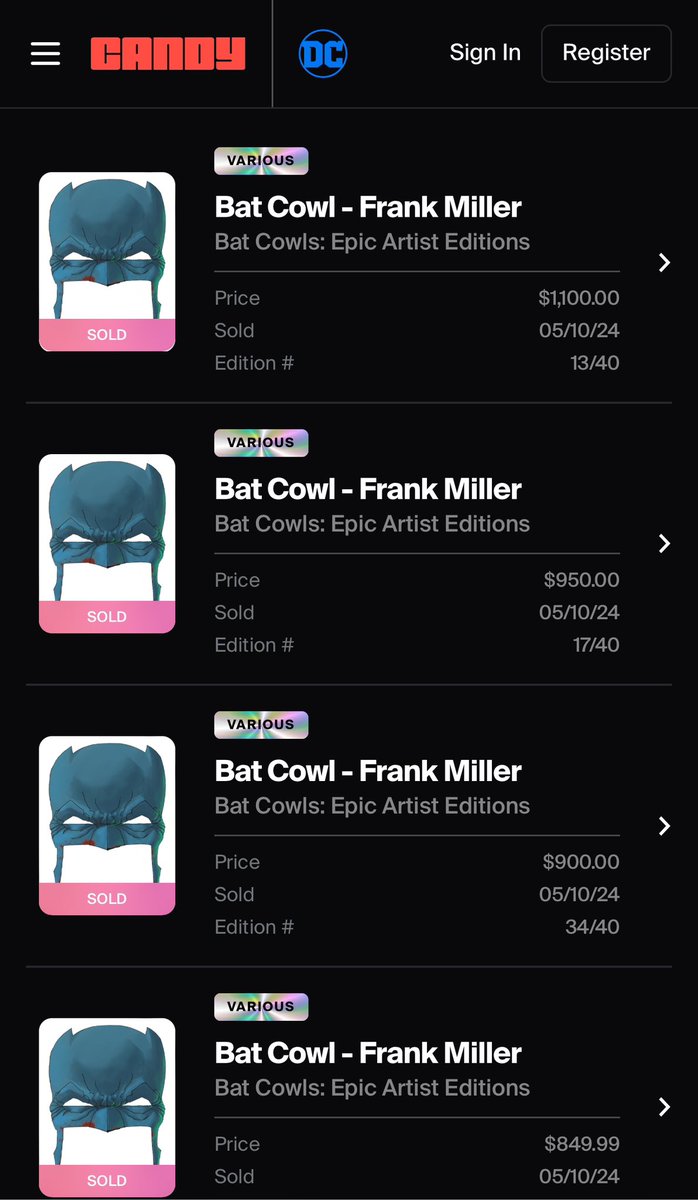 🚨SOLD OUT🚨 The Frank Miller Bat Cowl NFT Collection (limited to only 39 editions + a 1/1 variant) sold out instantly today at a retail price of $500 each on @CandyDigital! There have been multiple sales today (all above retail), selling as high as $1,100. The current floor…