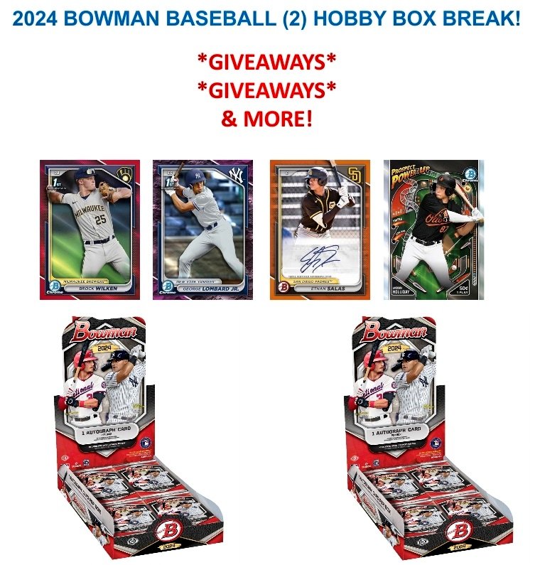 BOWMAN BASEBALL HOBBY BREAKS - #RipWax All Day 2024 #Bowman #Baseball (2) Hobby Box Break #BaseballCards #GroupBreaks #SportsCards #thehobby #TeamBreaks #TradingCards #whodoyoucollect #MLB #whodoyoucollect #Breaks #sportscardsforsale 4:30PM EST #Whatnot: whatnot.com/s/Xnt2vVHT