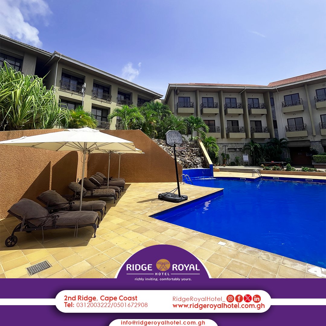 Escape to the poolside oasis every weekend at Ridge Royal Hotel.
Call us at 0312003222 Or
Visit ridgeroyalhotel.com.gh
#RidgeRoyalHotel: richly inviting, comfortably yours.
#royalmoments #hotelsincapecoast #hotelview #poolside #staycation #happyweekend #travelgram
