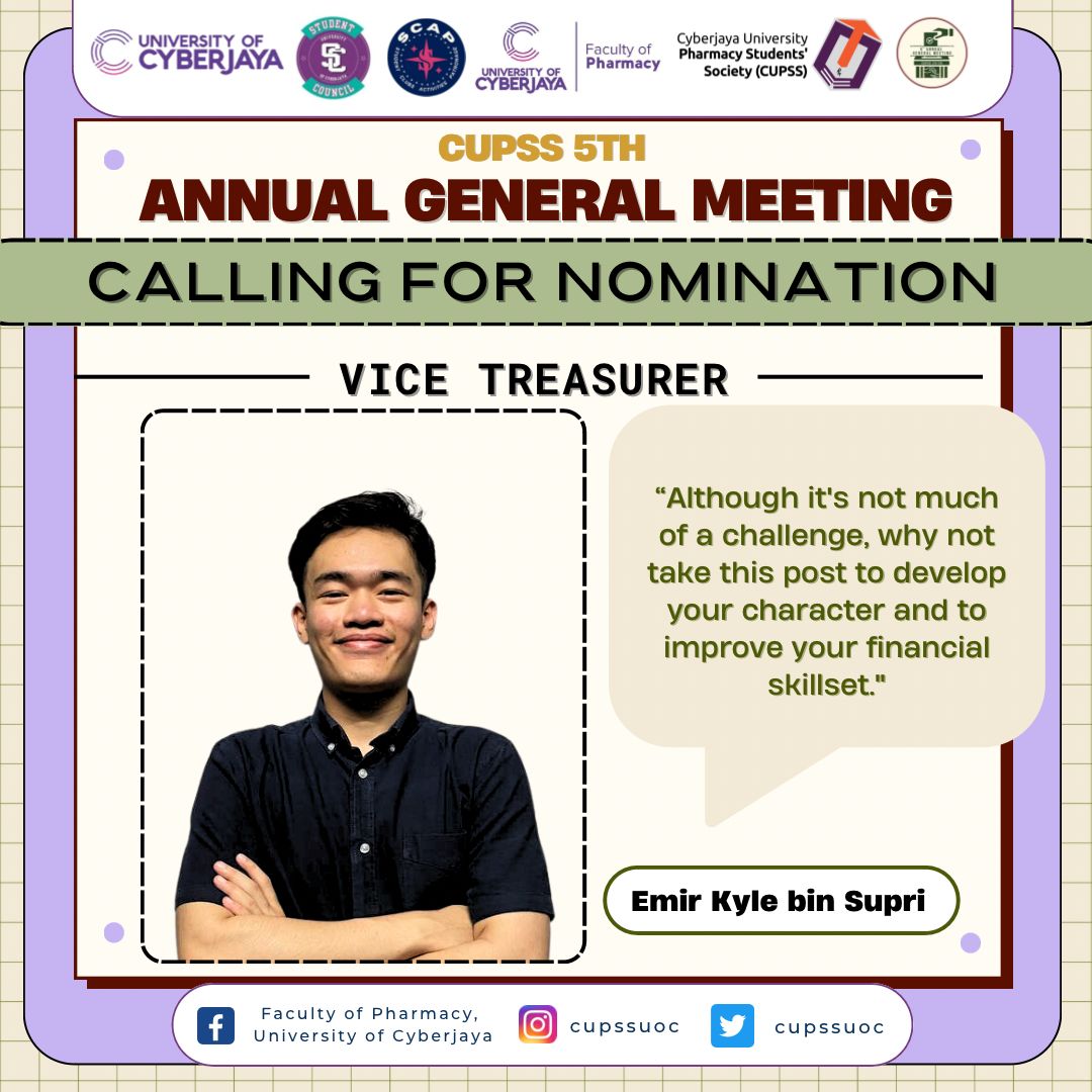 Salam and Greetings Pharmily!✨ Calling for nomination for the positions available in CUPSS tenure 2024/2025!📣 🙋🏻‍♀️Nominate yourself to be the next Vice Treasurer of CUPSS. Good luck!🤞🥳 Best Regards, CUPSS 2023/2024