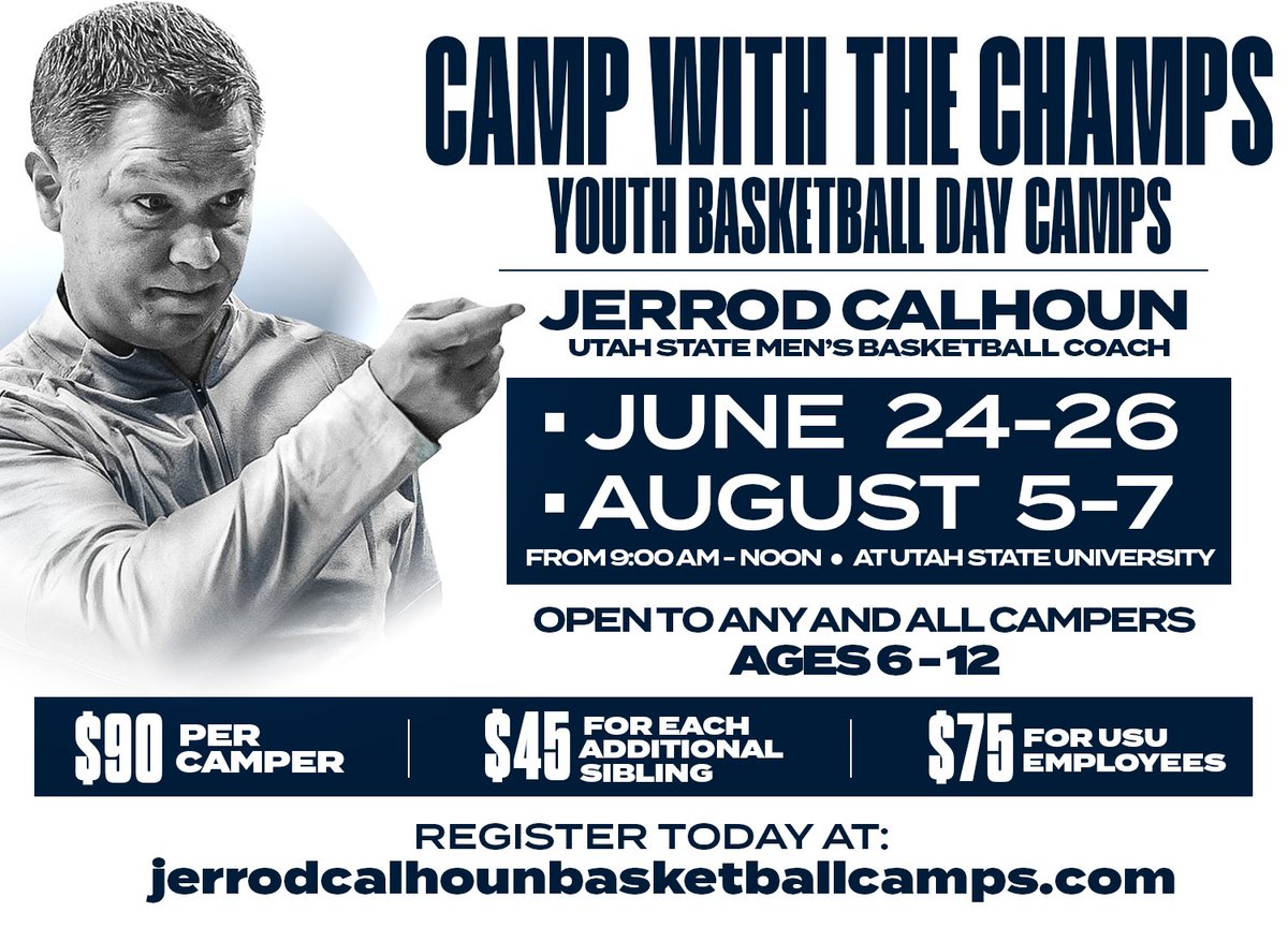 USU Men's Hoops (@usubasketball) on Twitter photo 𝐂𝐚𝐦𝐩 𝐰𝐢𝐭𝐡 𝐭𝐡𝐞 𝐂𝐡𝐚𝐦𝐩𝐬!
Join us for the <a href="/USUCoachCalhoun/">Jerrod Calhoun</a> Youth Basketball Day Camps this Summer! Open to ages 6-12 right here at Utah State!
𝐑𝐞𝐠𝐢𝐬𝐭𝐞𝐫 𝐇𝐞𝐫𝐞 ➡️ bit.ly/3UwfBIW 𝐂𝐚𝐦𝐩 𝐰𝐢𝐭𝐡 𝐭𝐡𝐞 𝐂𝐡𝐚𝐦𝐩𝐬!
Join us for the <a href="/USUCoachCalhoun/">Jerrod Calhoun</a> Youth Basketball Day Camps this Summer! Open to ages 6-12 right here at Utah State!
𝐑𝐞𝐠𝐢𝐬𝐭𝐞𝐫 𝐇𝐞𝐫𝐞 ➡️ bit.ly/3UwfBIW