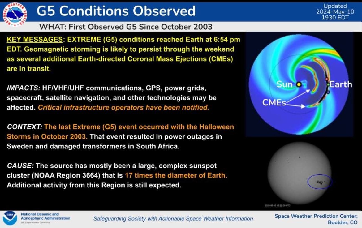 We rarely post about space weather conditions affecting radio propagation and sometimes other infrastructure, however, we have a rare G5 Geomagnetic storm - the first since 2003 affecting the region. NOAA Space Weather Center has issued this graphic. #mawx #riwx #ctwx