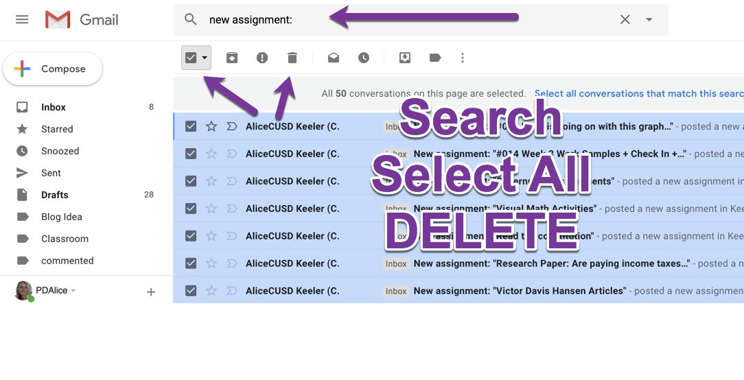 Want to quickly delete multiple #googleClassroom-related emails from your #gmail? Search for default text like 'New assignment: ' to find them, then select all and click on the trash can icon to delete them all at once! #googleEDU