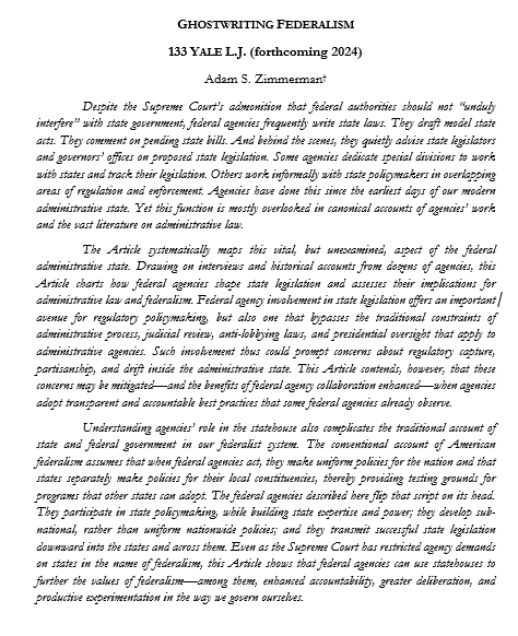 1. Now hot off the press in @YaleLJournal, a 🧵on my latest article, “Ghostwriting Federalism.” It’s the first to comprehensively map how federal agencies help states write state legislation and explore what it means for administrative law & federalism. papers.ssrn.com/sol3/papers.cf…