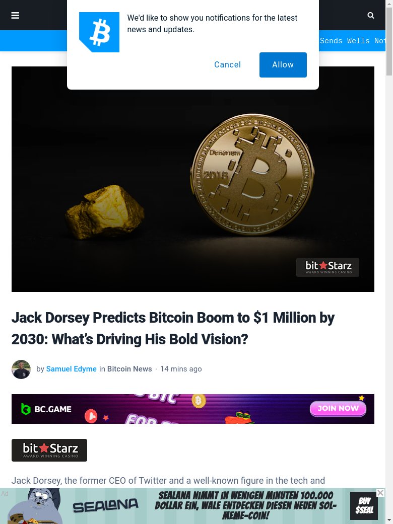 BREAKING NEWS :  Bitcoin price may reach $1 million by 2030 according to Jack Dorsey. cryptoeco.net/tw/4ff5.html  #Bitcoin #JackDorsey #PricePrediction