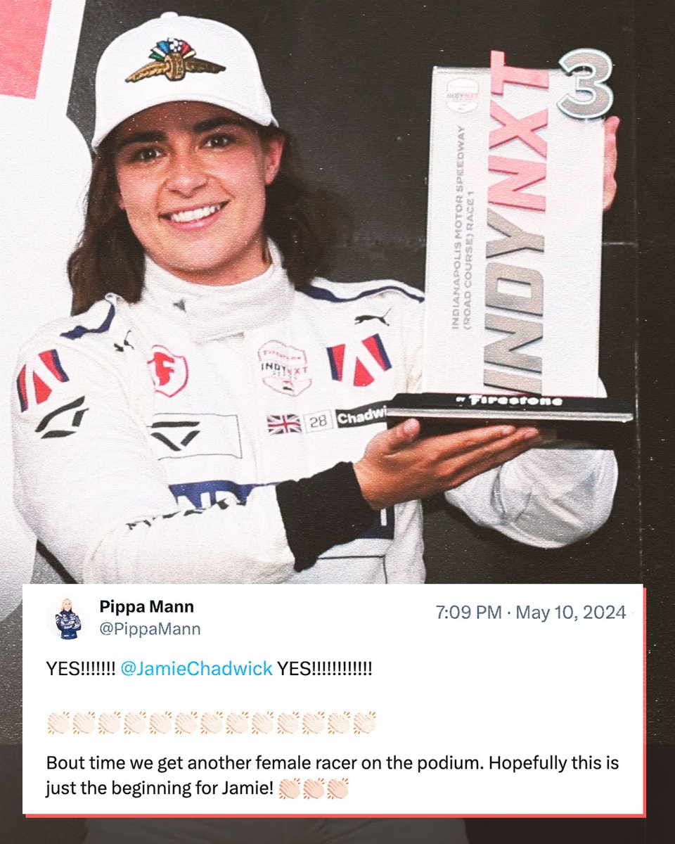 Jamie Chadwick became the first woman to finish on the podium in INDY NXT since Pippa Mann in 2010. Safe to say Pippa was PUMPED to see it happen! 🏆