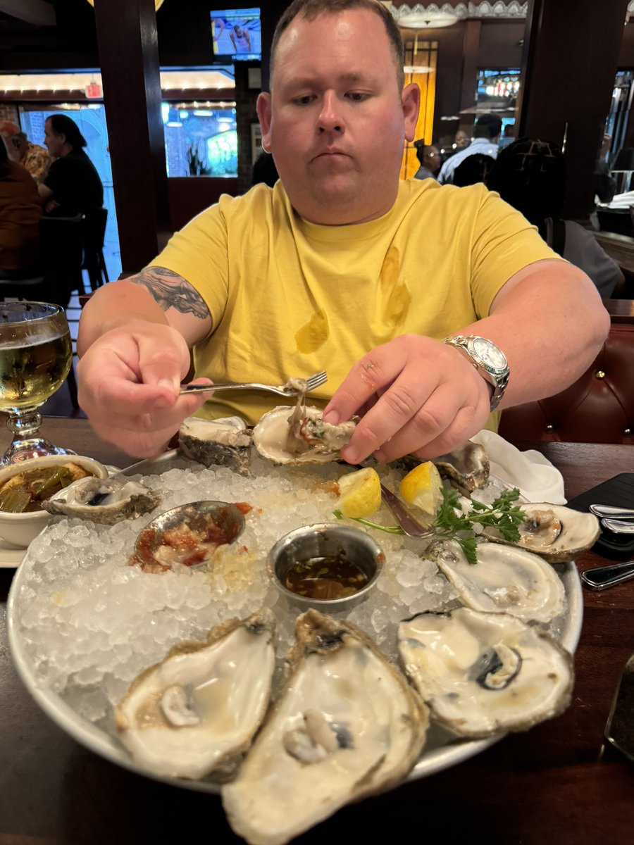 Me attacking the oysters at pappadeaux in Birmingham AL. Notice the shrapnel on the shirt already. This is going to continue to get nasty!!