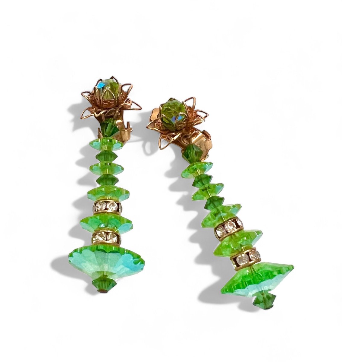 Unsigned Lewis Segal Dangle Earrings Green Margarita Crystals Sparkling Clear Rondells Clip-On Gold Tone Gift for Her $38.00 ➤ etsy.com/listing/172775…