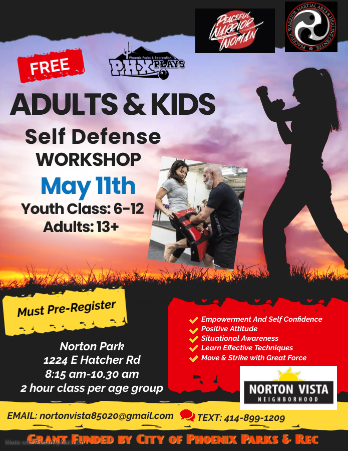 🌟 Join us at Norton Park on May 11th for a free self-defense workshop. Classes available for youth (6-12) and adults (13+). Learn techniques, build self-confidence. Pre-register! Let's grow stronger together. 💪 #phxparks 📍 1224 E Hatcher Rd 🗓️ May 11th, 8:15a - 10:30a