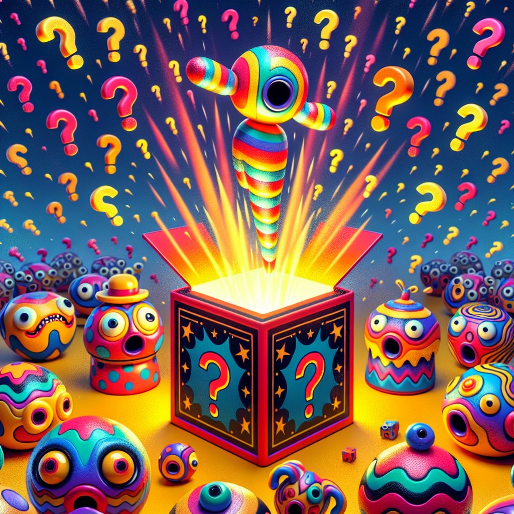 'A vividly colored jack-in-the-box in mid-pop surrounded by floating, glowing question marks and wide-eyed, eccentrically patterned cartoon creatures expressing astonishment and shock.'
#AIArt #AI #chatgpt4 #dalle3 #OpenAi #AIFeelings