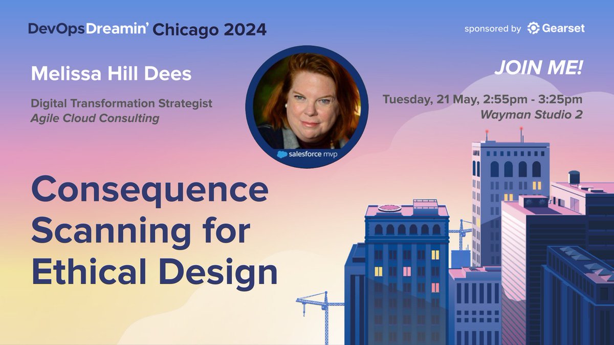 melissahilldees's tweet photo. Thank you @GearsetHQ for the opportunity to speak on this important topic, #ConsequenceScanning! Let's talk @Salesforce + #AI + #EthicalDesign. https://t.co/cA067qpAet