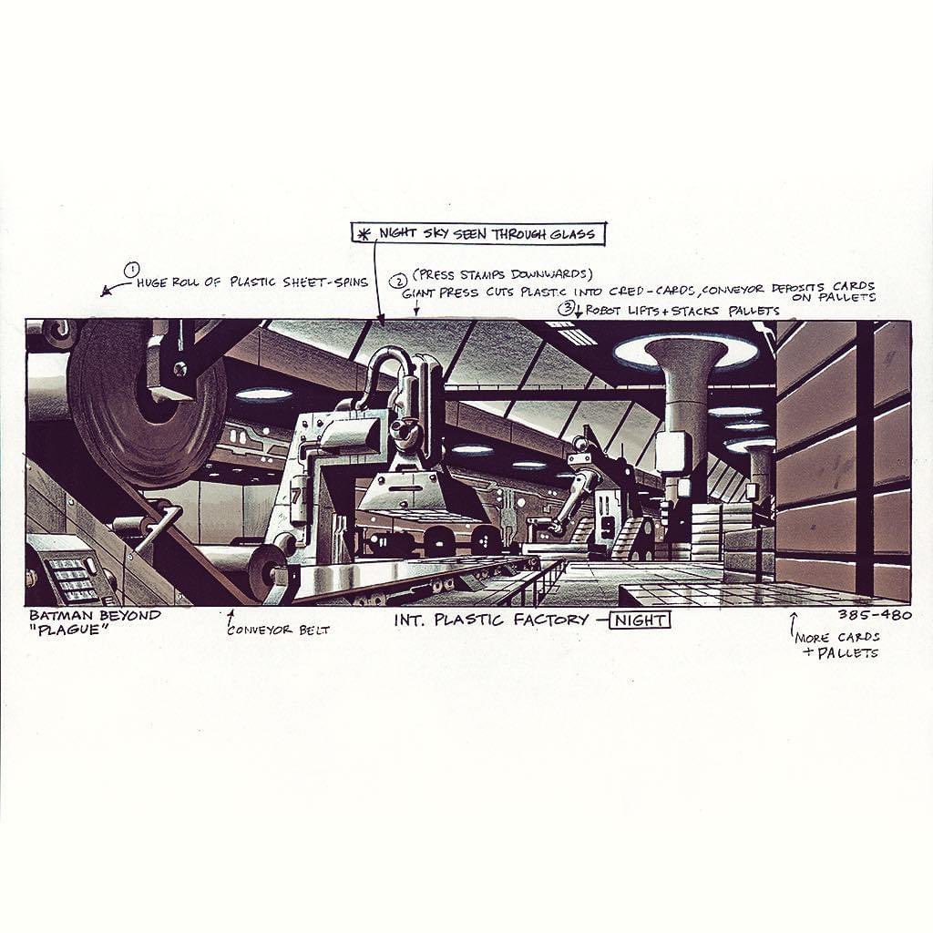 A background design from the #BatmanBeyond series, from the episode “Plague”. These were drawn from storyboard frames, usually, then in turn sent to the production studio to be turned into the final bg paintings. Pigma & grey tone markers & black Prismacolor pencil.