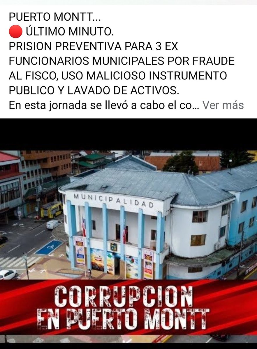 PUERTO MONTT 
🔴 ÚLTIMO MINUTO
PRISION PREVENTIVA PARA 3 EX FUNCIONARIOS MUNICIPALES DE PUERTO MONTT, POR FRAUDE AL FISCO, USO MALICIOSO INSTRUMENTO PUBLICO Y LAVADO DE ACTIVOS. 
facebook.com/10007175040364…