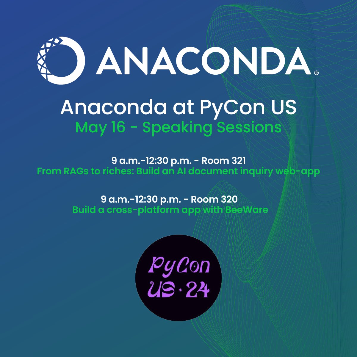 We can't wait for #PyCon24 next week! 🐍 💚

Our team will be presenting throughout the week on <a href="/pyscript_com/">pyscript_com</a> , <a href="/PyBeeWare/">BeeWare</a> , <a href="/Panel_org/">Panel</a> , &amp; more! 

In between sessions, swing by booth #605 to meet the team &amp; learn more about how @Anacondainc supports the #Python community.