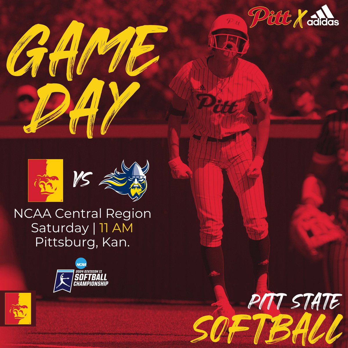 IT'S CHAMPIONSHIP SATURDAY‼️ Gorilla Softball hosts Augustana today in the Division II Central Region Tournament 🦍🥎 SHOW UP GORILLA NATION. @Gorilla_SFB|@pittstate