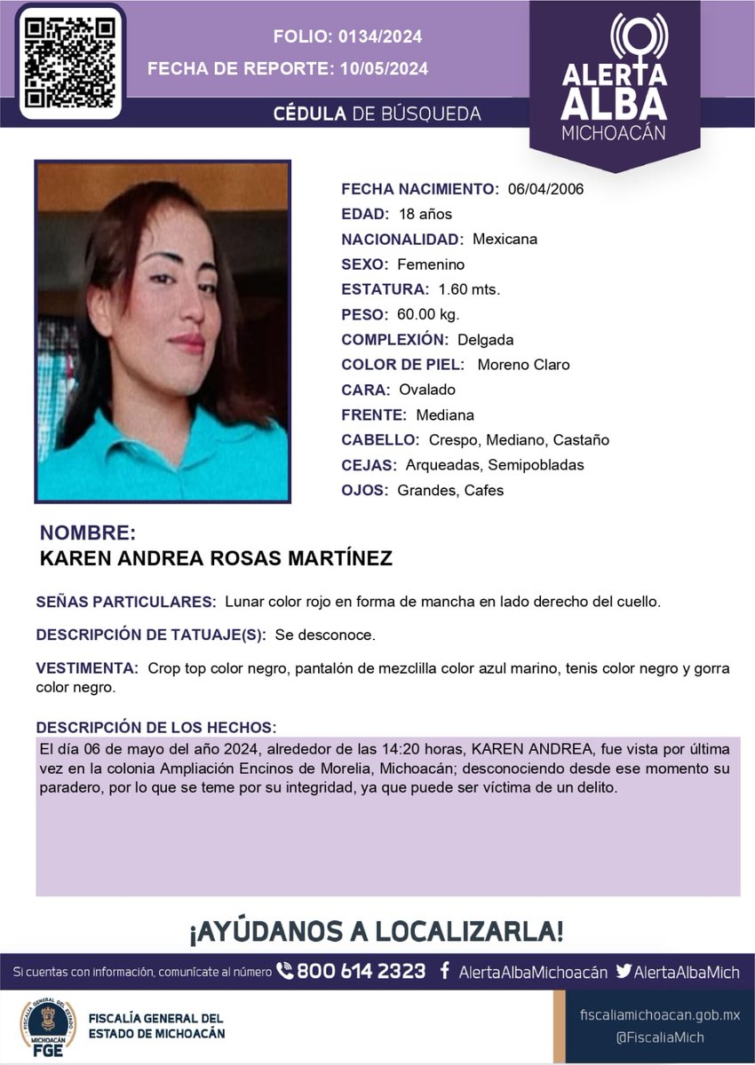 ⚠️🟣 Solicitamos su apoyo para la búsqueda y localización de KAREN ANDREA ROSAS MARTÍNEZ de 18 años de edad. #Comparte #AlertaAlba #AlertaAlbaMichoacán #AyúdanosAEncontrarla #FGEMich @botDesaparecidx