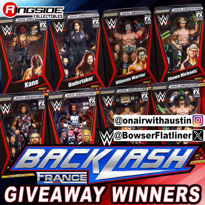 Congrats to the winners of our #WWEBacklash Giveaway Contest! Prize is a Complete Set of 8 @Mattel @WWE From The Vault Series 1 Ringside Elite Exclusives! TW WINNER: @BowserFlatliner Featuring Triple H, Shawn Michaels, Bubba Ray Dudley, D-Von Dudley, Kane, Undertaker, John…