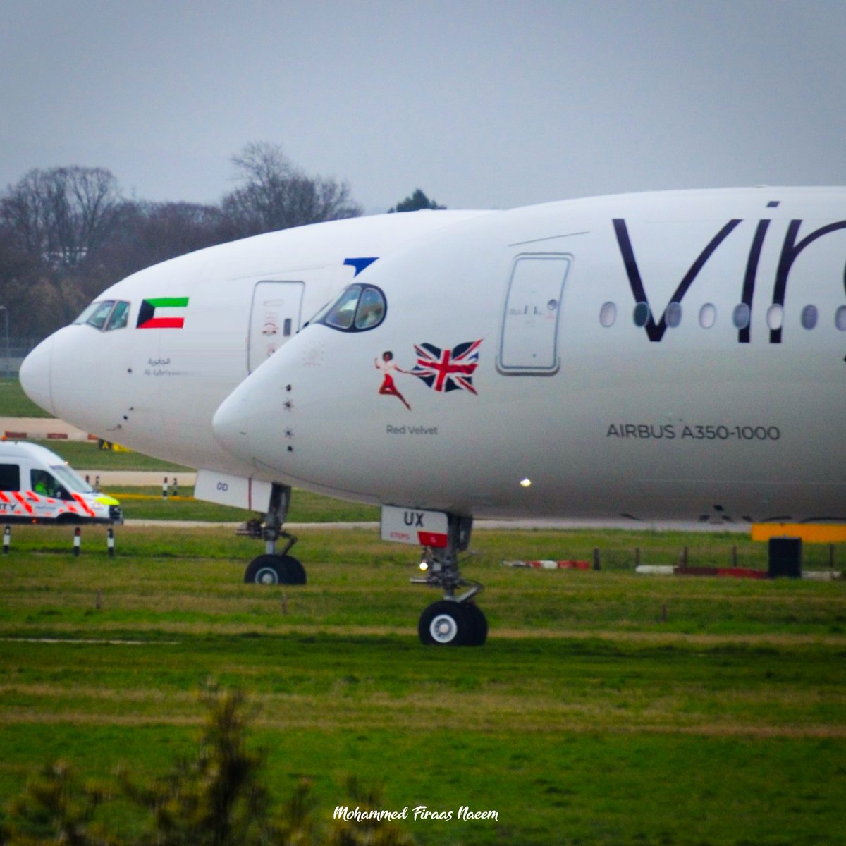 Do you prefer the Boeing 777 or Airbus A350? I cannot decide which aircraft I love more. I have flown on both of these aircraft and enjoyed them equally. Here I was able to photograph a Kuwait Airways B777-300ER and a Virgin Atlantic A350-1041 side by side at Heathrow Airport.