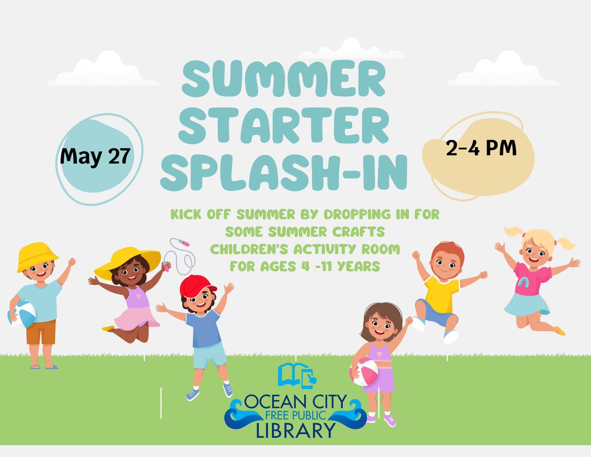 𝗦𝘂𝗺𝗺𝗲𝗿 𝗦𝘁𝗮𝗿𝘁𝗲𝗿 𝗦𝗽𝗹𝗮𝘀𝗵-𝗜𝗻 ☀️
Monday, May 27th from 2pm - 4pm in the Children’s Activity Room
For ages 4 - 11 years

Kick off summer by dropping in for some summer crafts!

#OCFPL #OceanCityLibrary #NJLibrary #LibraryLove #OceanCityNJ #OCNJ