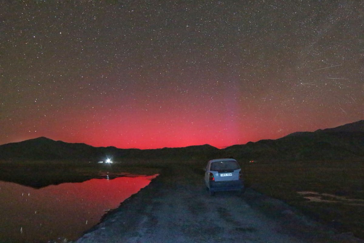 Stable Auroral Red Arcs (SAR arcs) captured from Hanle Dark Sky Reserve, UT Ladakh on 11.05.24 at 0100 hrs. A very rare phenomenon for Mid Latitude like Hanle. Eta Aquarid meteor shower added more beauty to the Aurora, visible in the top right of the photo.