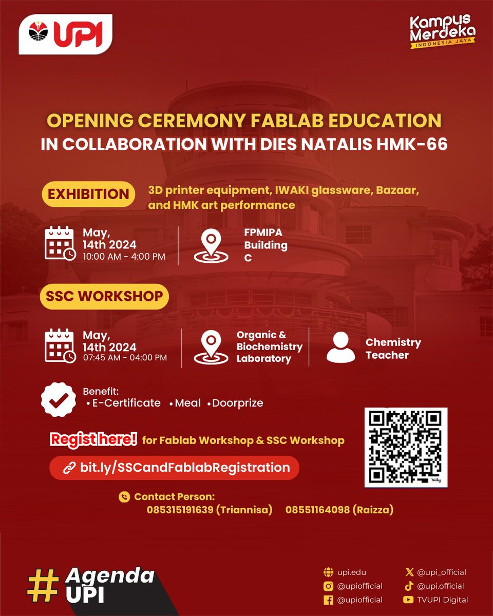 Hadirilah acara peresmian Pabrication Laboratory Education (FABLAB Edu) dan Seminar 'Digital Technology in Education' yang diselenggarakan oleh Prodi Pendidikan Kimia,  FPMIPA UPI.

 #AgendaUPI #FABLABEdu #PelopordanUnggul