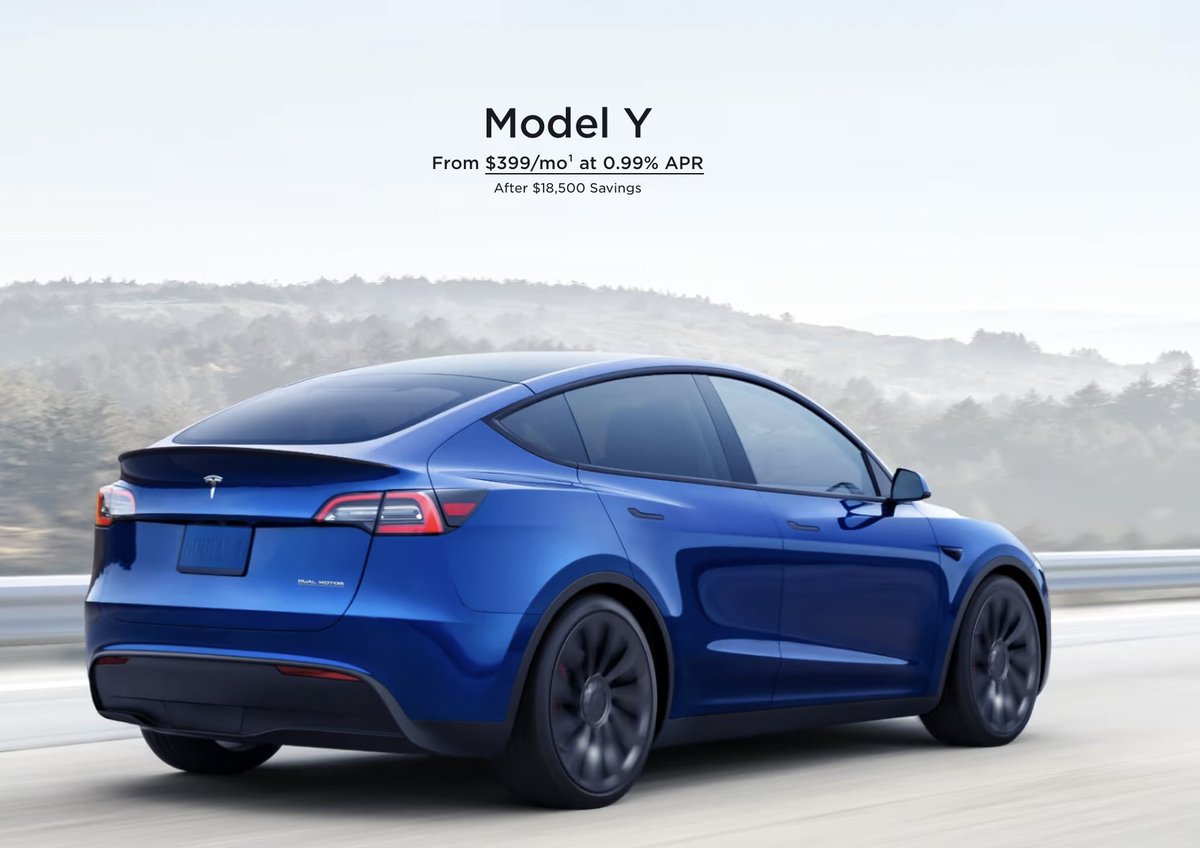 BREAKING: Starting today, Tesla is offering a loan rate of 0.99% APR for all new Model Y finance orders in the U.S. Promotional rate applies to finance terms from 36 to 72 months for new vehicles. Orders must be placed by May 31, 2024 to be eligible.