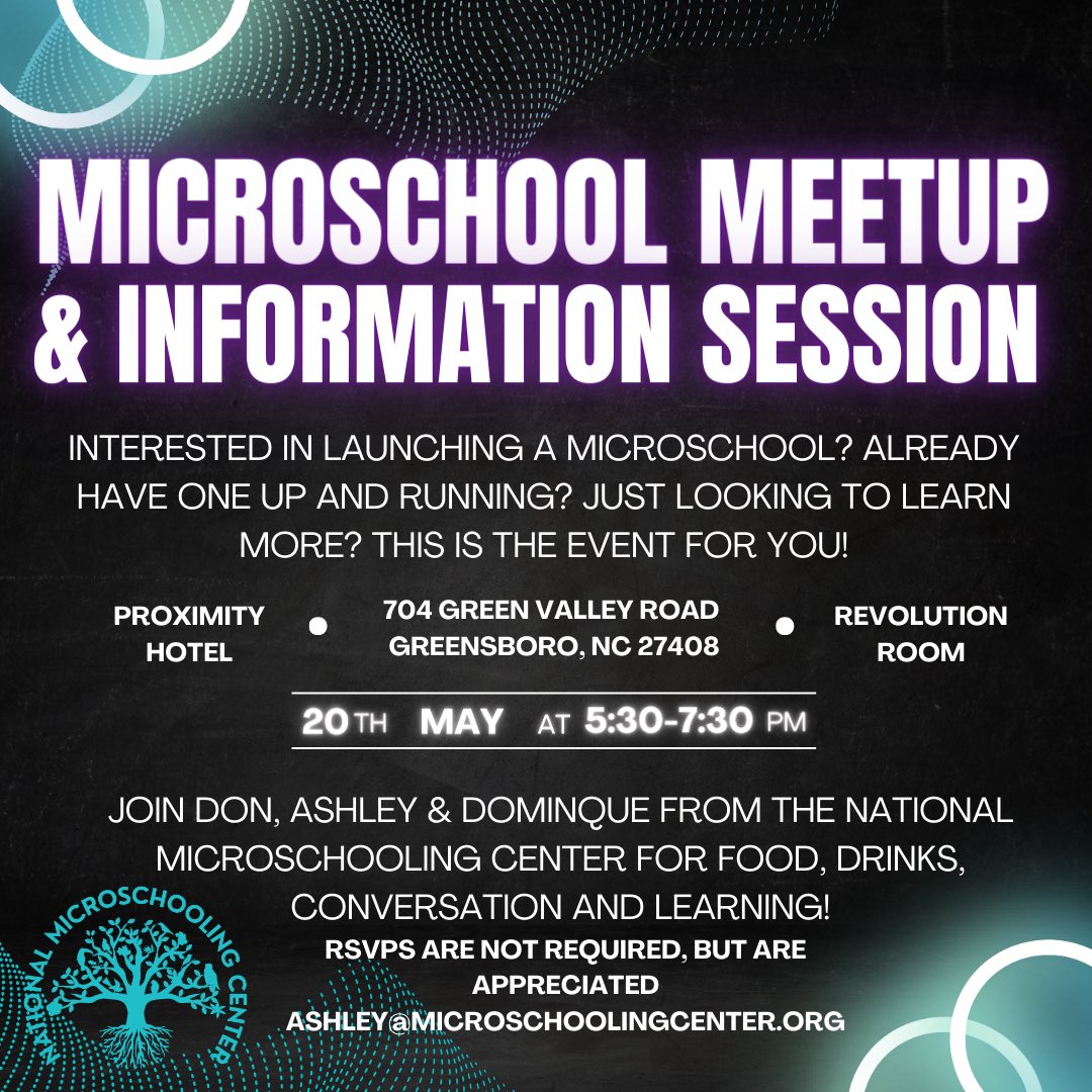 Greensboro, NC - Please come join us a week from Monday to talk microschooling! Whether you're considering founding a microschool, finding one for your family, or just interested, we'd love to meet you.