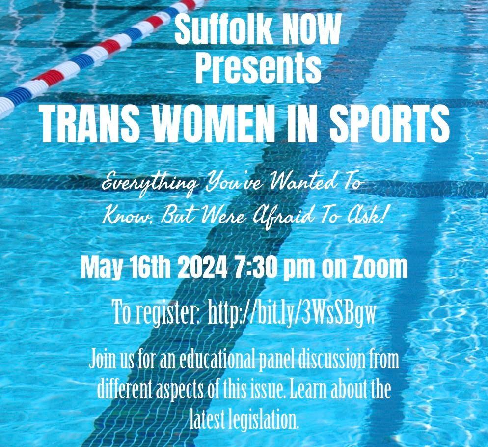Suffolk NOW is hosting a presentation: Trans Women in Sports. Everything you've wanted to know, but were afraid to ask! Register at buff.ly/3KgDr6Z #CNYNOW #WomenInSports #LGBTQ #LGBTQIA #Presentation #EqualAccess