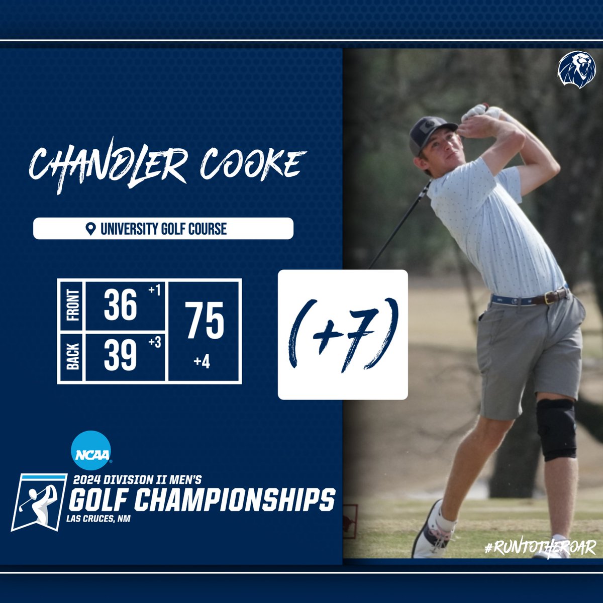 Chandler Cooke is tied for 65th with a 149 (+7) through two rounds of the NCAA II South Central/West Regional after a 75 (+4) in round two. 📊: bit.ly/4dvdkqa #RunToTheRoar