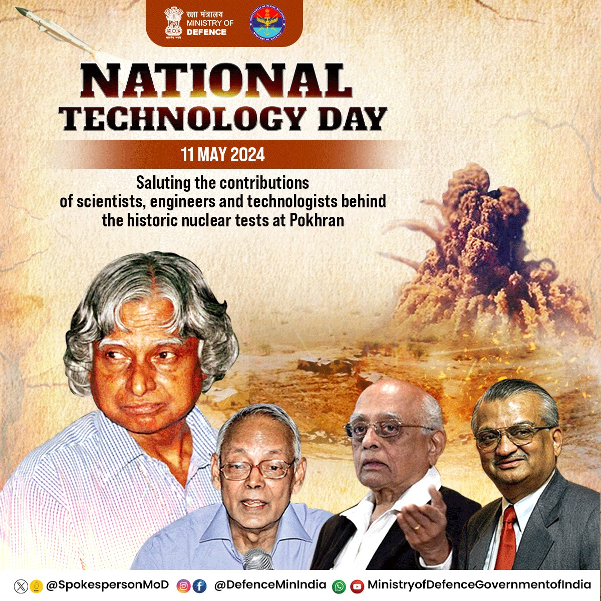 On #NationalTechnologyDay, let's commemorate the 26th anniversary of #Pokhran2 and extend our gratitude to the dedicated researchers and scientists involved in the historic achievement that helped India become a nuclear-powered country. #Science #Technology