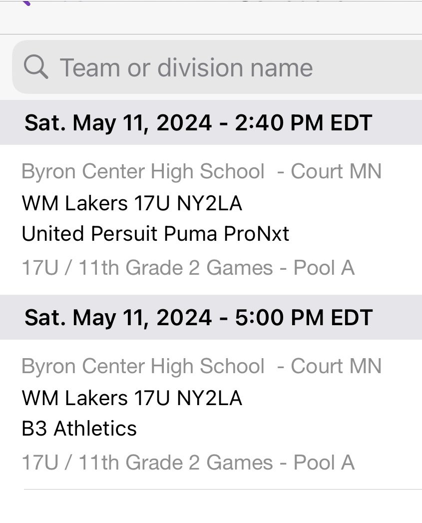 Schedule for the Wes Leonard Strength and Honor showcase event that me and my WM Lakers NY2LA 17 U team are playing in Saturday at Byron Center High School.