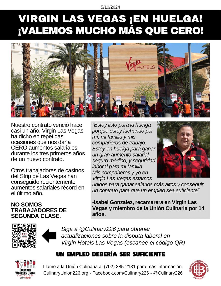 Front door leaflet being given to customers all day today by @VirginHotelsLV workers who are on strike for 48-hours (ends Sunday at 5am). 

VIRGIN LAS VEGAS ON STRIKE!
WE’RE WORTH A LOT MORE THAN ZERO! #OneJobShouldBeEnough