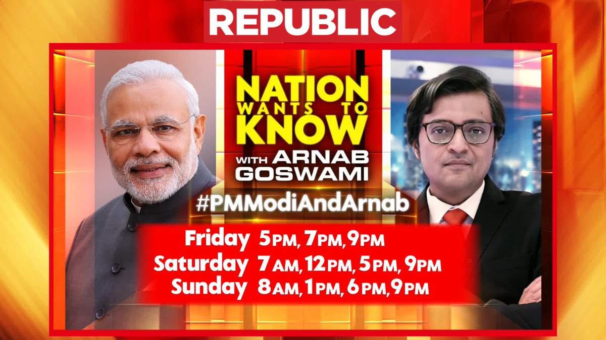 .@republic
#PMModiAndArnab | 'The Most-Trending 2024 Interview!

Watch Prime Minister @narendramodi in the 100 Min interview which is breaking the internet, setting national & global headlines! '

'Here are the play out timings for our English audience.' #100Minutes100Headlines