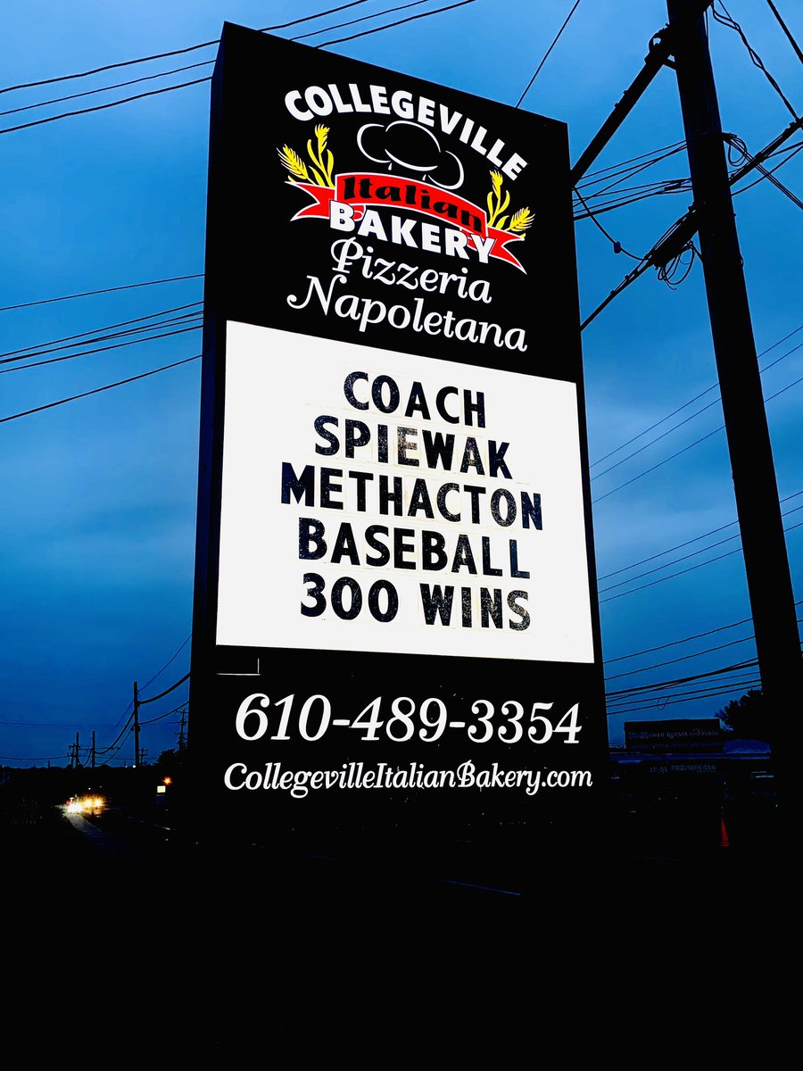 Please join us in congratulating @methacton_base Head Coach Spiewak on reaching his 300th win! ⚾️ What a tremendous accomplishment. Wishing you and the Warriors all the best this season, Coach! #collegevilleitalianbakery #morethanabakery