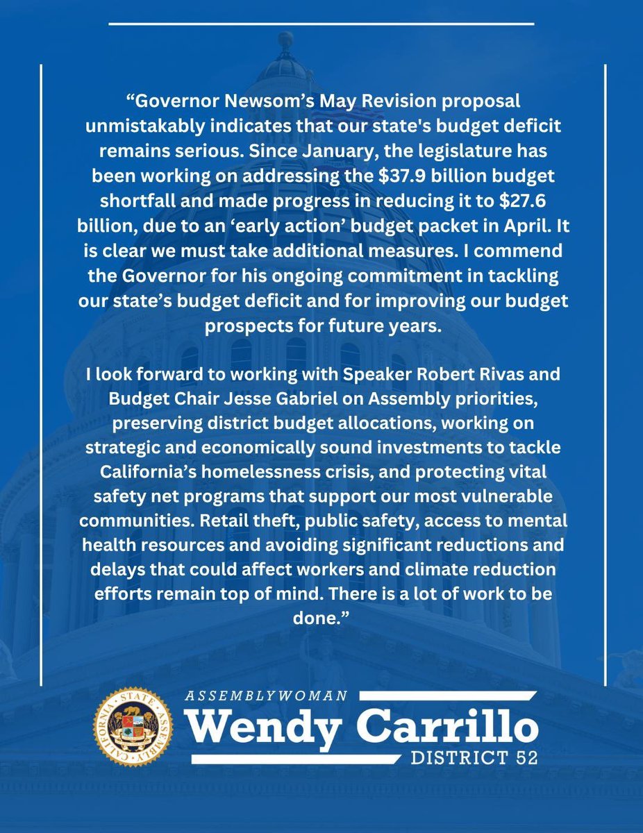 My statement on @CAgovernor Newsom’s #CABudget May Revision Proposal. The budget has always been and will continue to be a reflection of our values. I look forward to the work ahead. Full release: a52.asmdc.org/press-releases…