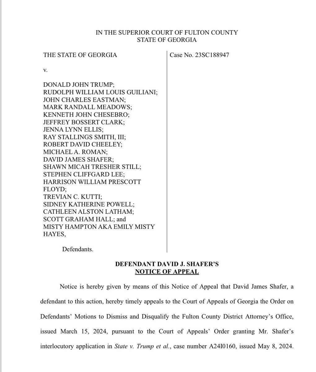 Two days ago, the Georgia Court of Appeals granted our application for an appeal and agreed to hear our motion to disqualify Fani Willis. Today we took the next step and filed this notice of appeal.