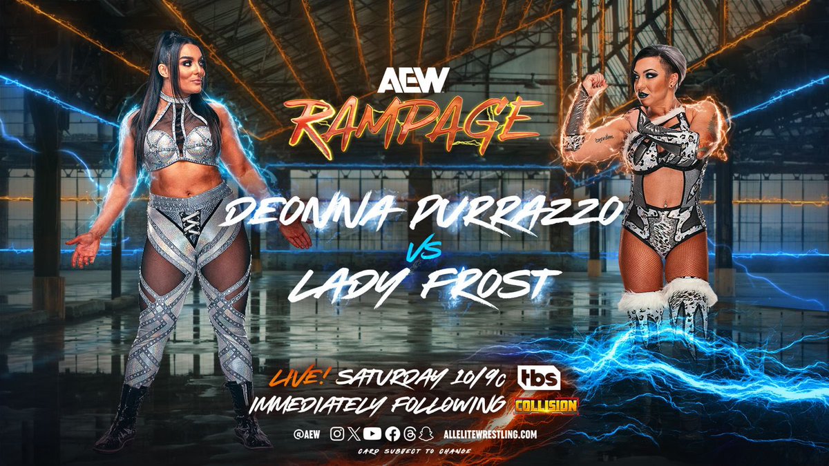 #AEWRampage TOMORROW LIVE on TBS following #AEWCollision Vancouver, BC LIVE 10/9c Deonna Purrazzo vs Lady Frost #theVirtuosa returns to the ring TOMORROW for the 1st time since her postmatch altercation w/ Thunder Rosa in Jacksonville @dailysplace, TOMORROW LIVE @ 10/9c on TBS