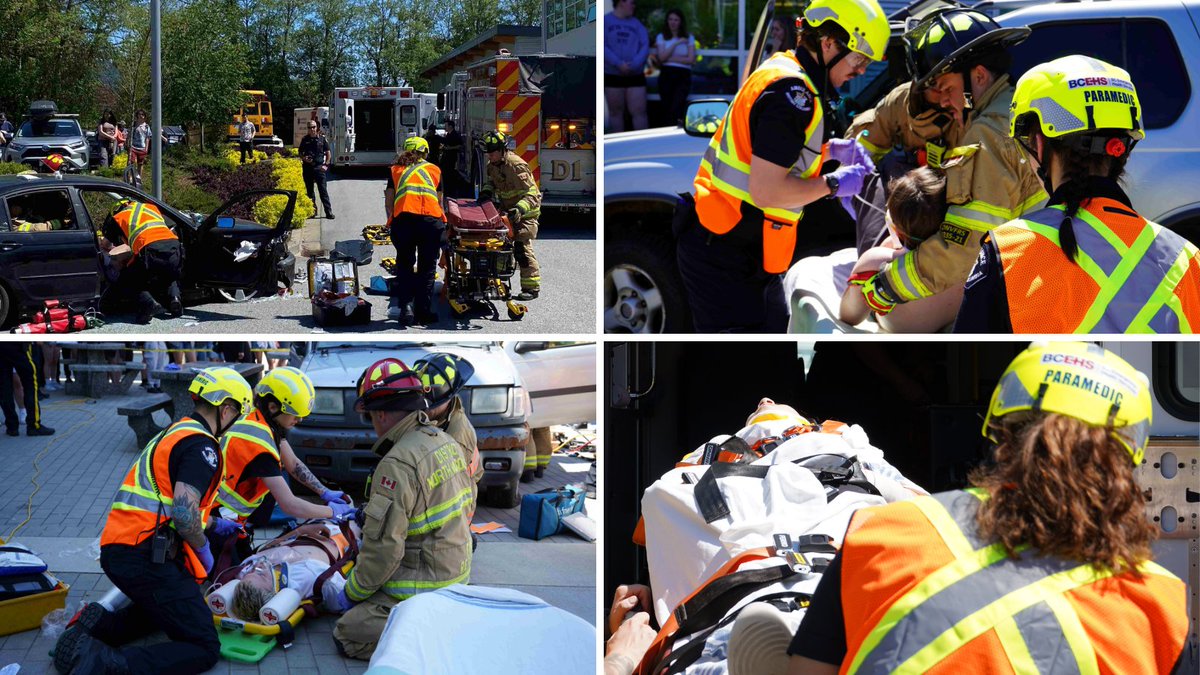 Today, our #paramedics along with other first responders were at the scene of a mock car crash at Argle Secondary to remind students to stay safe on the road this grad season. @nvanrcmp @DNVFRS @icbc @NVSD44