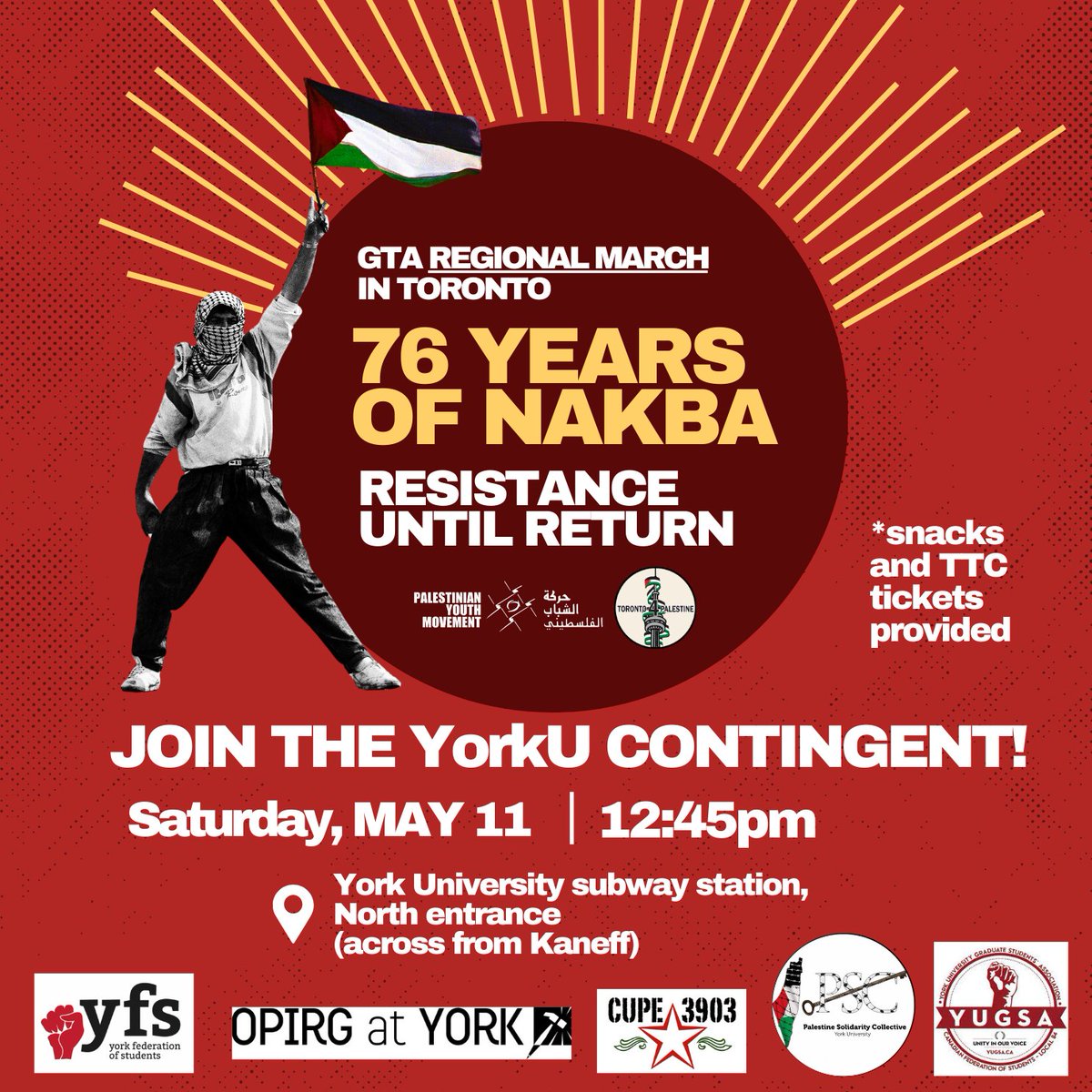 Calling on <a href="/YorkUniversity/">York University</a> students, faculty + staff to join the march on Saturday, May 11th! If you live at or near the Keele campus, join us at York U TTC station at 12:45pm and travel to the rally with us - we will have snacks! 
#SolidarityWithPalestine #Nakba76 #BDS✊🏾