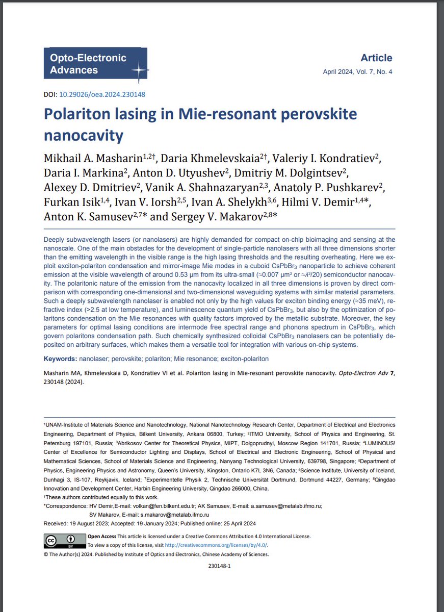 #OEA_highlight Polariton lasing in Mie-resonant perovskite nanocavity doi.org/10.29026/oea.2… by Prof. #SergeyMakarov from @itmo_uni #nanolaser #perovskite #Mie-#resonance #exciton-#polariton