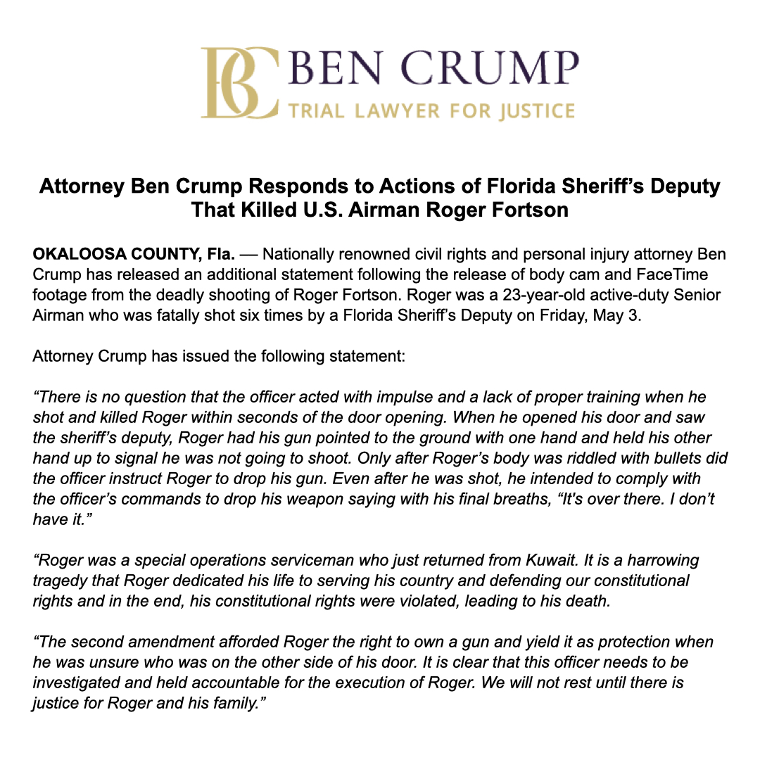 BenCrumpLaw's tweet image. NEWS ALERT: @AttorneyCrump has released an additional statement following the release of body cam and FaceTime footage from the deadly shooting of #RogerFortson.