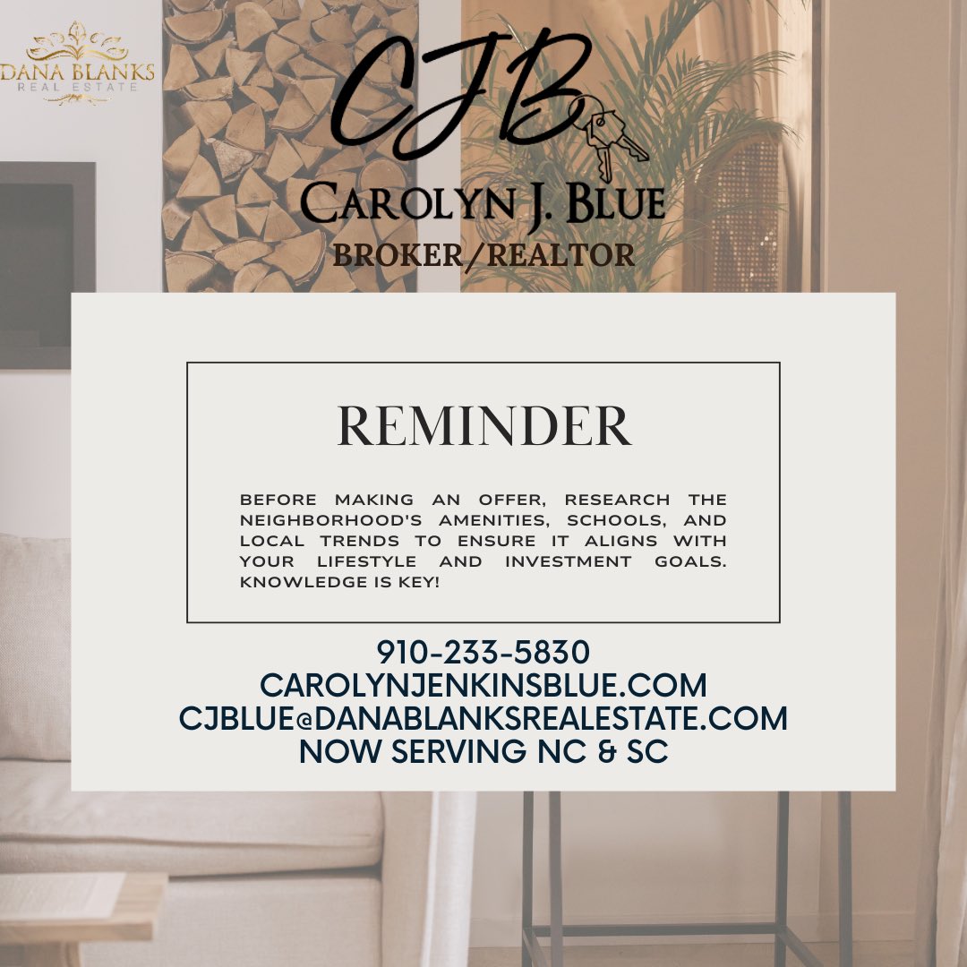 Educate yourself on property then make an offer. Call me!
Contact Us At:
.
@carolynjenkinsblue
@danablanksrealestate
.
(910) 233-5830
.
carolynjenkinsblue.com
#realestate  #ncrealtor #screaltor #residential #commercial #carolynjblue #carolynjenkinsblue #danablanksrealestate