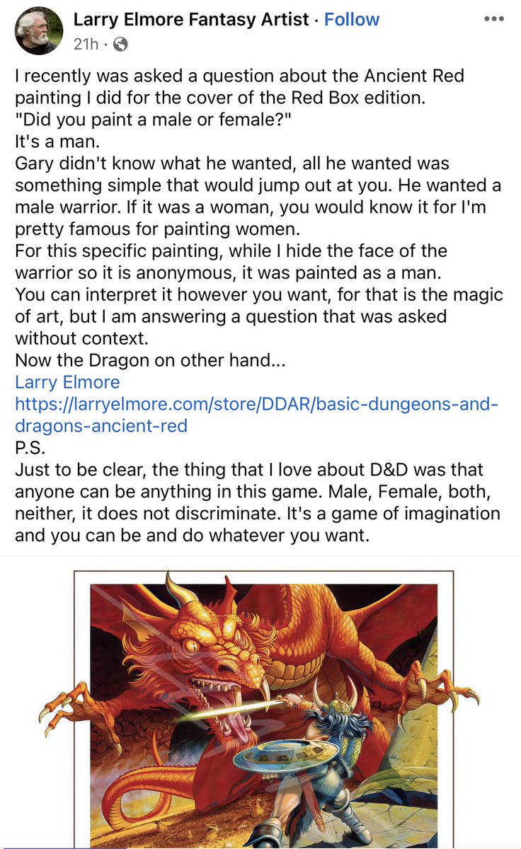 So @Wizards_DnD and Wizkids pulled their own version of Warhammer 40k Femstodes, claiming the Fighter on the cover of the iconic Red Book is female.

Even came out with a new miniature.

The problem is, the artist, legendary Larry Elmore, says he was always male.

They simply