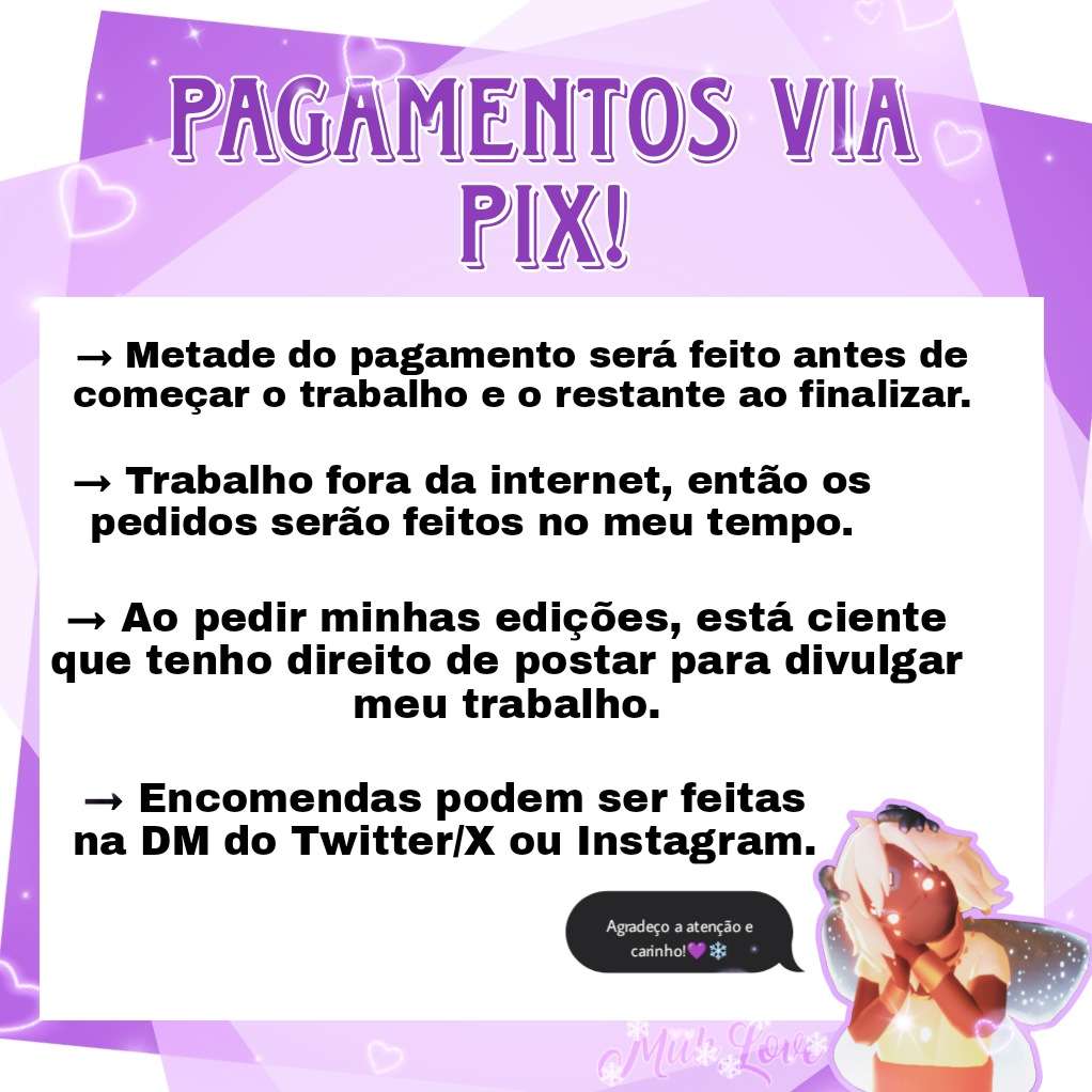 COMISSÕES ABERTAS!!!❄️💜

Decidi abrir comissão com o apoio de vocês nisso, me esforcei bastante para fazer um portfólio legal! Espero que gostem e me dêem uma chance. 🥹

Imagens do portfólio estarão nos comentários para melhor visualização.

#commissionsopen #vtuberbr #vtuber