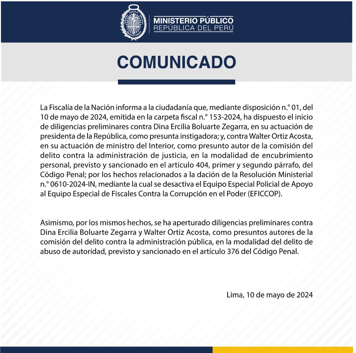 #MUNDO | @FiscaliaPeru abrió diligencias preliminares contra la presidenta Dina Boluarte y el ministro del Interior, Walter Ortiz, por desactivar el grupo policial que apoya a los fiscales anticorrupción, horas antes del arresto del hermano de la mandataria. @ztatianarh