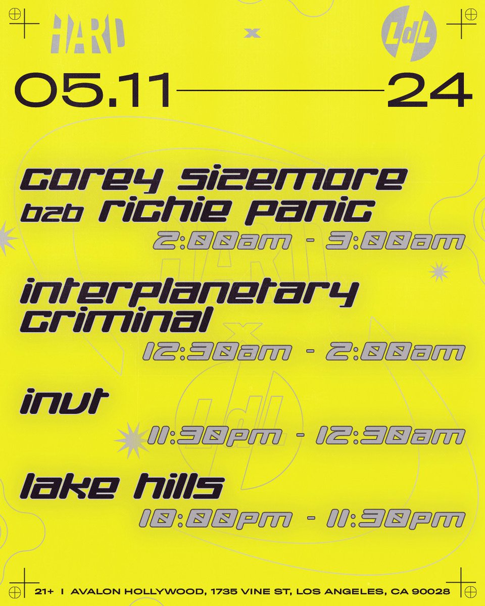 It's going down TONIGHT with @HARDFEST and @LightsDownLowCA featuring featuring all ur favs🤝 @intergalacticz , @invt305, @LakeHills_, Corey Sizemore & @richiepanic 🔗 Final tix: hardfest.co/hard-ldl