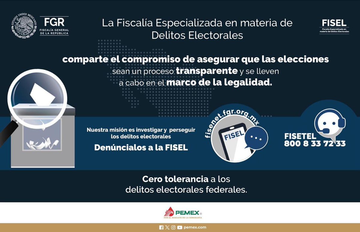 ❌ Cero tolerancia a los delitos electorales federales. #DenúncialosEnLaFISEL 📲 fisenet.fgr.org.mx