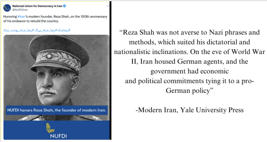 NUFDI covers up the Shah's significant corruption, which he admitted to in a public plea soon before his fall. NUFDI praises the Pahlavi dictatorship by glorifying Reza Shah, who had a strong relationship with Hitler. In similar fashion, NUFDI praises the Shah to overshadow his…