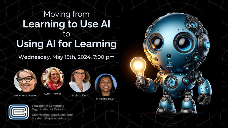 Look ⬇️⬇️⬇️ 'Moving from Learning to Use AI to Using AI for Learning' ➡️ Wednesday, May 15th, 7:00 pm. Using AI with students: come for guidance, resources and provocations for learning pursuits. Sign up now! ecoo.org/blog/2024/04/1…
