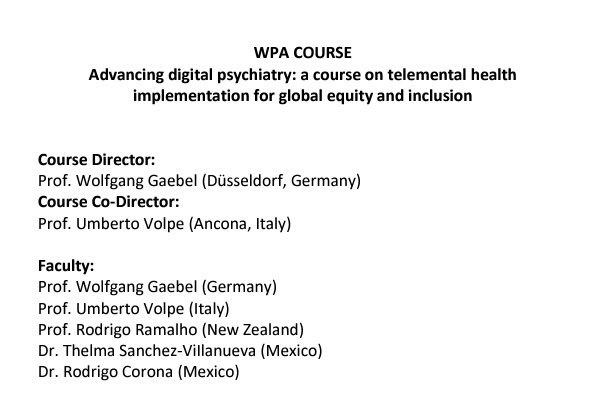 Rodrigo Ramalho, MD, PhD (@_rodrigoramalho) on Twitter photo If you are planning to attend this year’s <a href="/WPA_Psychiatry/">World Psychiatric Association (WPA) wpanet.org</a> #WCP24 in Mexico, I have a course recommendation for you!
Advancing digital psychiatry for global equity and inclusion.
You can find it here:
wcp-congress.com/courses/
See you in Mexico! If you are planning to attend this year’s <a href="/WPA_Psychiatry/">World Psychiatric Association (WPA) wpanet.org</a> #WCP24 in Mexico, I have a course recommendation for you!
Advancing digital psychiatry for global equity and inclusion.
You can find it here:
wcp-congress.com/courses/
See you in Mexico!